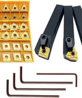5/8in 36pc indexable carbide lathe insert set in yellow organizer with 3 tool holders and hex wrenches