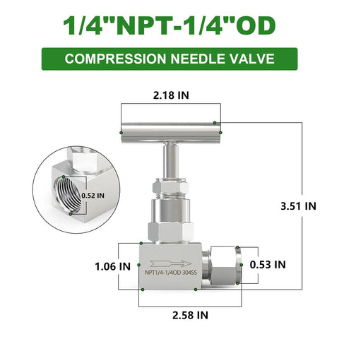 TAISHER 304 stainless steel high-pressure straight needle valve, 1/4 inch NPT female x 1/4 inch tube OD, compression fitting