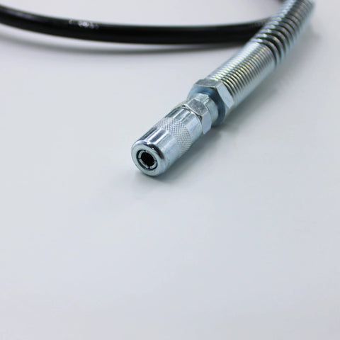 Close-up of a chrome grease gun hose connector with knurled grip and threaded end for Milwaukee M18 fuel grease gun