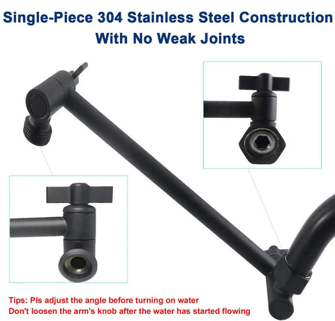 Adjustable Shower Arm 11 Inch Matte Black With Universal Connection Extension Arm For Any Shower Head Or Handheld Shower Easy To Install Anti Leak Upgrades Your Shower Experience With Full Body Rain Downpour, showing single-piece 304 stainless steel construction with no weak joints.
