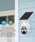 No Brainer Solar Powered Wireless Security Camera With 1080p HD, AI Human Detection, installed on blue wall with solar panel