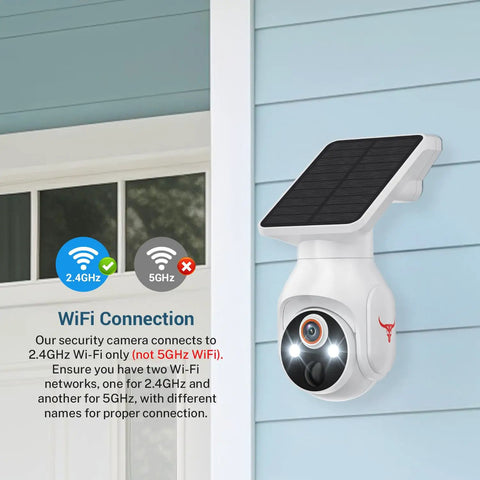 No Brainer Solar Powered Wireless Security Camera With 1080p HD, AI Human Detection, installed on blue wall with solar panel