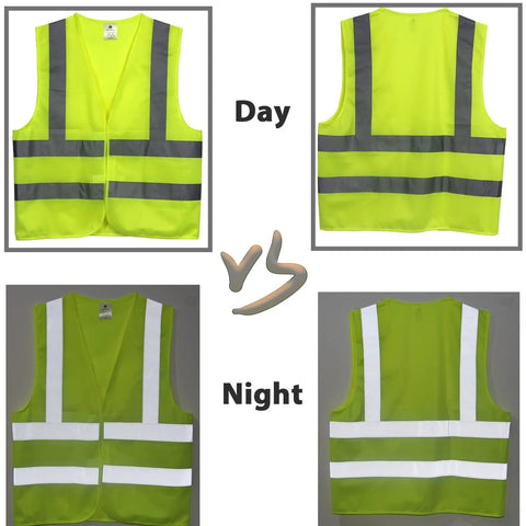 Front and back view of 10 Pack XL Yellow High Visibility Reflective Safety Vests Class 2 for day and night use.