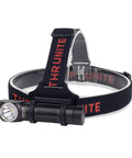 Long Throw Headlamp With 323 Meter Beam For Long Range Vision And 1755 Lumen Rechargeable LED For Outdoor Exploring And Night Hunting Boss Bright Cool White Light on black and red head strap