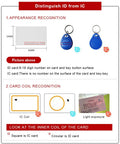 Graphic distinguishing ID from IC cards showing size, appearance, and coil type with dimensions and key tags.