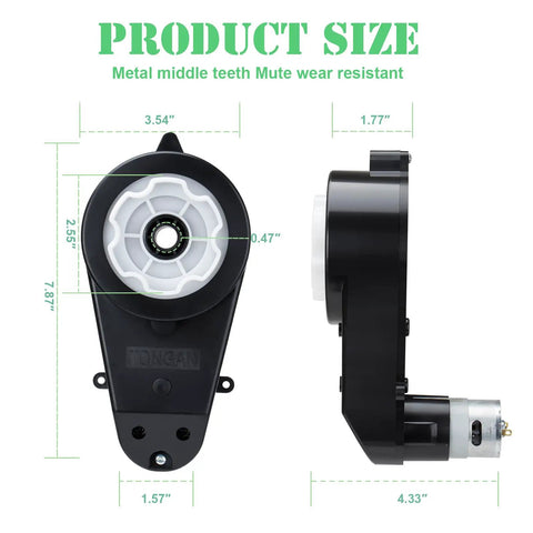 Dimensions view of 24V Ride On Toy Wheel Motor Upgrade Gearbox Kit For RS555 40000RPM High Speed Drive Engine Replacement Parts For Kids