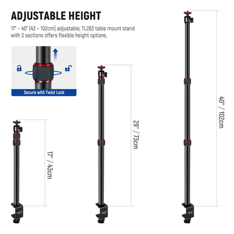 Extendable Camera Desk Mount With Ball Head 17 To 40 Inch Telescopic Table Light Stand with twist lock, adjustable height.