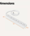 Dimensions of Plug Away Safe With This Legit Solid 6 Outlet Surge Protector Power Strip 2 Pack shown with a 2 foot cord.