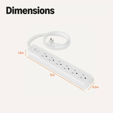 Dimensions of Plug Away Safe With This Legit Solid 6 Outlet Surge Protector Power Strip 2 Pack shown with a 2 foot cord.