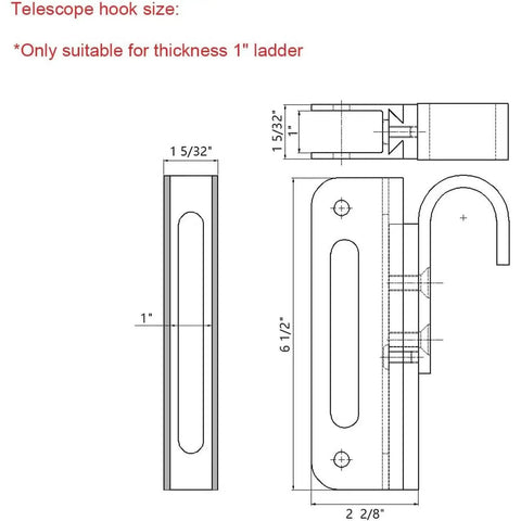 Technical drawing of Rolling Ladder Hardware Kit With Metal Track System And Floor Rollers Black Finish No Ladder Included Ideal For Home Workshop Garage Storage And High Shelf Access showing telescope hook dimensions suitable for 1-inch ladder thickness.