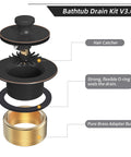 Oil Rubbed Bronze Tub Drain Trim Set Conversion Kit, All Brass Lift And Turn Bathtub Drain Replacement, exploded view.
