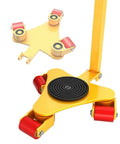 Heavy Duty Machine Mover Dolly Featuring 360 Degree Swivel Casters with yellow steel platform and red wheels for transporting heavy items.