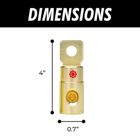 4 AWG Gold Plated Ring Terminal Set Screw Connectors Battery Ring Terminals 3/8 Inch Wire Input 5/16 Inch Ring Hole dimensions