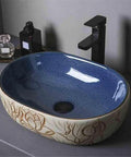 UYTROPLK Bathroom Vessel Sink Ceramic Outdoor Indoor Bathroom Vintage Pedestal Basin with Accessories Patio Wash Basin Round Bathroom Sink in blue