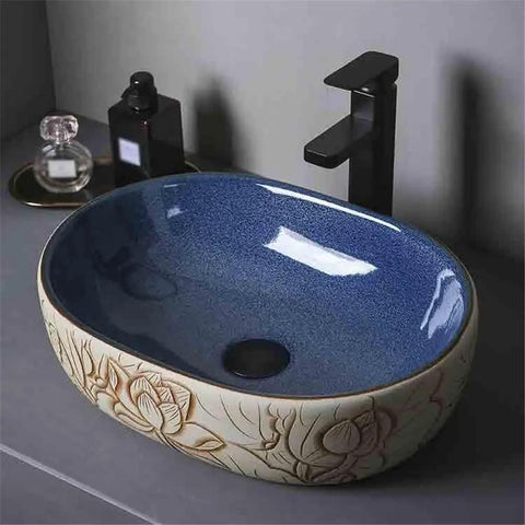 UYTROPLK Bathroom Vessel Sink Ceramic Outdoor Indoor Bathroom Vintage Pedestal Basin with Accessories Patio Wash Basin Round Bathroom Sink in blue