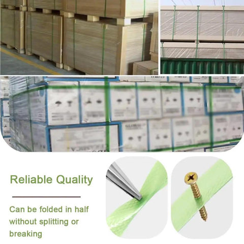 Heavy-Duty Strapping Tape Rolls And Flat Woven Fiber Rope Kit securing boxes with green PET strapping and reliable quality features