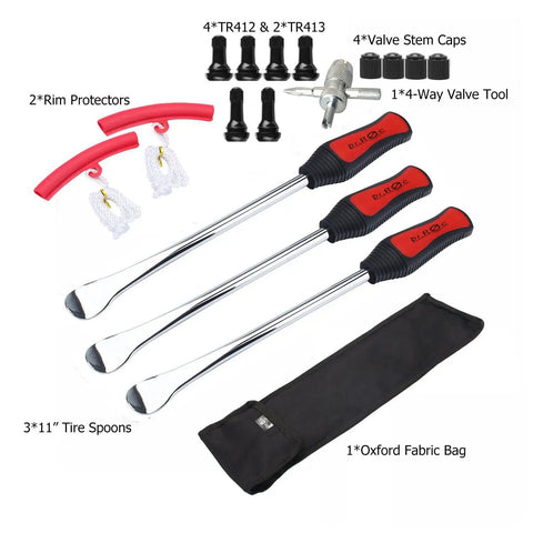 Tire Spoon Lever Kit For Dirt Bikes Motorcycles ATVs And Lawn Mowers with 3 tire spoons, 2 rim protectors, valve stems, carry bag.
