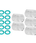 Tig Welding Glass Cup Kit, 5-Piece Set With 10 O-Rings, clear glass cups and teal O-rings for argon arc torches, top view.
