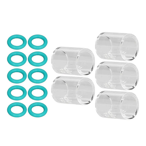 Tig Welding Glass Cup Kit, 5-Piece Set With 10 O-Rings, clear glass cups and teal O-rings for argon arc torches, top view.