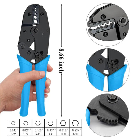 Pro Grade Heavy Duty Coaxial Cable Tool Kit With BNC Crimp Tool For RG58 RG59 RG62 RG174 shown with 8.66-inch tool size details.