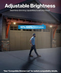 Man walking under Six Pack PAR38 LED Flood Lights Waterproof Dimmable Bulbs 1800 Lumens 15W Equivalent 5000K on garage.