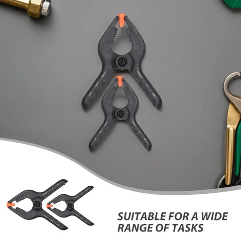 Cool 20 Piece Plastic Spring Clamp Kit For Woodworking And DIY Projects, Lightweight Durable Clips Perfect For Balloon Arches Backdrop Fastening And Crafts, two black clamps on gray background