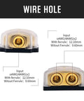 0 2 4 Gauge Copper Power Distribution Block For Car Audio Ground 2 Way In Out Splitter With Copper Core And Durable Plastic Cover Perfect For Auto Boats And Other Vehicles, wire hole sizes shown