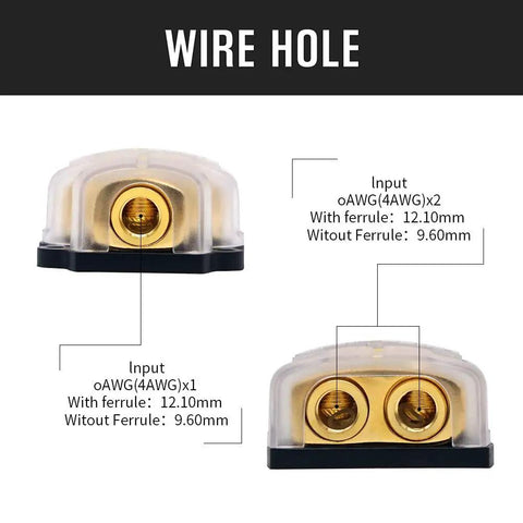 0 2 4 Gauge Copper Power Distribution Block For Car Audio Ground 2 Way In Out Splitter With Copper Core And Durable Plastic Cover Perfect For Auto Boats And Other Vehicles, wire hole sizes shown