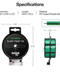 Product specs of 164 Ft PE Coated Green Plant Ties With Cutter including dimensions and wire material, spool shown