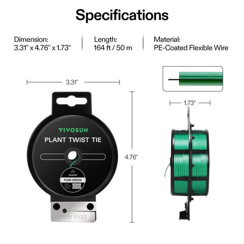 Product specs of 164 Ft PE Coated Green Plant Ties With Cutter including dimensions and wire material, spool shown