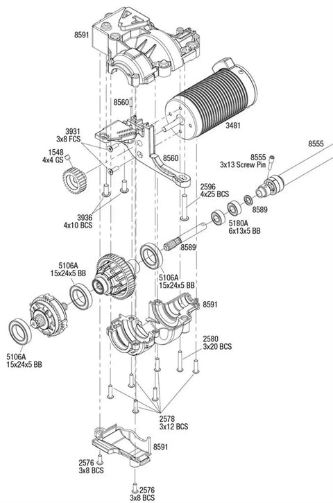 Exploded view of RC car drivetrain with placement of MR115RS 2RS Color Bearing Set for hobby electric RC cars and trucks 5x11x4 mm ABEC 3.