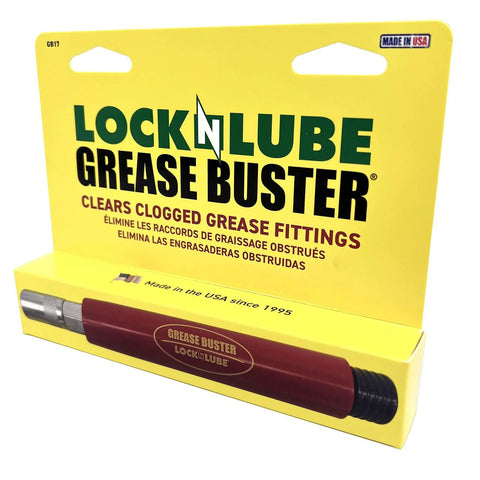 Front view of Grease Buster by LockNLUBE in yellow packaging; maroon handle with metal nozzle