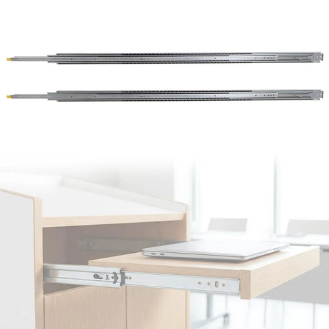 Heavy Duty 80 Inch Side Mount Drawer Slides Noiseless Full Extension Rails With Lock, 500 Pound Capacity, shown on desk.
