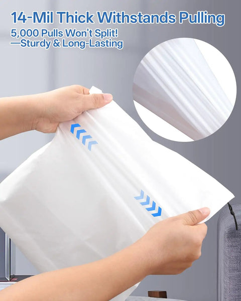 Person stretching clear waterproof travel shoe bag, showing durability; labeled 14-mil thickness for large shoes, 15.7x11.8 inch.