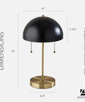 Two-Light Table Lamp With Black Dome Shade And Antique Brass Finish - Dope Mid Century Modern Bedside Desk Lamp, dimensions shown