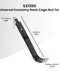 Smooth Sailing Cage Nut Tool For Square Hole Rack Rails No Sweat Quick Install Mounting Hardware Sx1100, black steel tool dimensions shown.