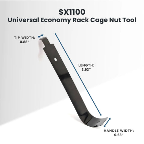 Smooth Sailing Cage Nut Tool For Square Hole Rack Rails No Sweat Quick Install Mounting Hardware Sx1100, black steel tool dimensions shown.
