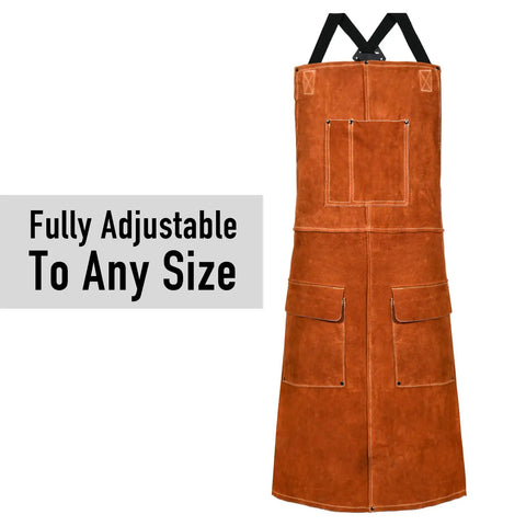 Heavy Duty Split Cowhide Leather Welding Apron With Full Coverage Flame Retardant Build Double Stitched Seams And Top Shelf Heat Resistance Crafted For Shop Crews Needing Reliable Gear Against Hot Sparks And Tough Daily Grinds