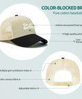Color-blocked baseball cap with semi-structured beige front panel and black brim, adjustable Velcro, pure cotton fabric.
