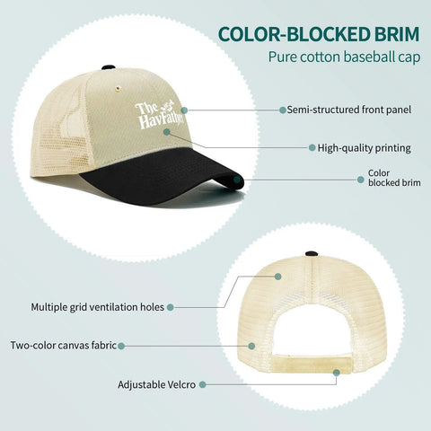 Color-blocked baseball cap with semi-structured beige front panel and black brim, adjustable Velcro, pure cotton fabric.