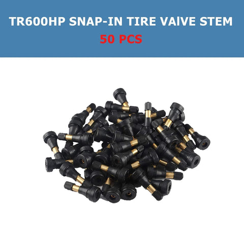 TR600HP snap-in tire valve stems, brass body with black caps, 50 pcs