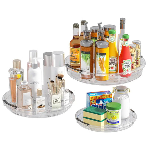 Three Pack Lazy Susan Turntable Organizer For Kitchen Storage Rotating Spice Rack Clear Acrylic holding various kitchen items