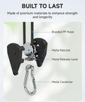 Close-up of 8 Ft Adjustable Ratchet Tie Downs 4 Pack With Quick Lock Pulley System showing braided rope and metal components.