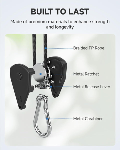 Close-up of 8 Ft Adjustable Ratchet Tie Downs 4 Pack With Quick Lock Pulley System showing braided rope and metal components.