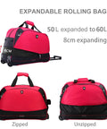 Rolling Duffle Bag With Wheels 22 Inch Weekender Carry On Luggage Expandable From 50L To 60L Red, shown zipped and unzipped