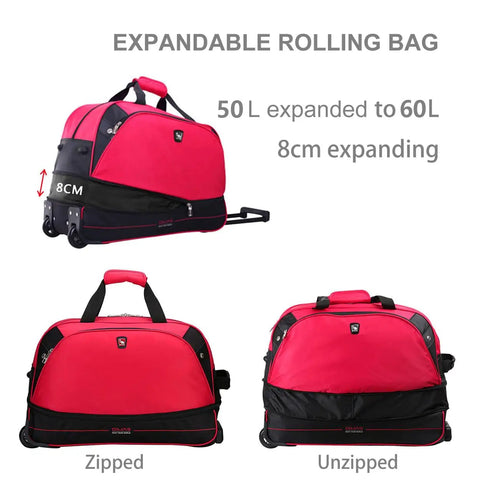 Rolling Duffle Bag With Wheels 22 Inch Weekender Carry On Luggage Expandable From 50L To 60L Red, shown zipped and unzipped