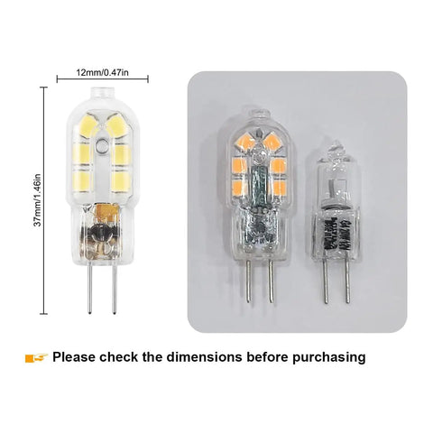 G4 LED Bulb 12V Bi Pin Replacement For Halogen 20W, 1.5W Equivalent, Not Dimmable, Daylight White 6000K, size chart shown