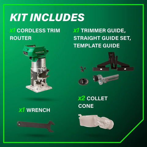 Image of kit contents for 18V Cordless Trim Router With Beast Mode Variable Speed 10,000 To 30,000 RPM Pro Grade Lightweight Body LED Work Light Soft Start And Quick Brake Accepts Quarter Inch And Three Eighth Inch Collets Tool Body Only, showing cordless trim router, trimmer guide set, wrench, and collet cone.