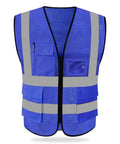 Straight Up Real Deal High Visibility Mesh Safety Vest With Reflective Strips Full Zipper Closure Secure Side Pockets Ansi Isea Certified Super Light Breathable Polyester Job Site Safety Gear in blue color with gray reflective strips.