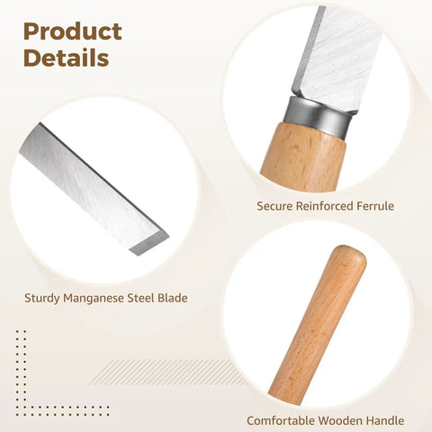 Eight Piece Wood Lathe Tool Set With Steel Blades showing reinforced ferrule, wood handle, and manganese steel blade details.